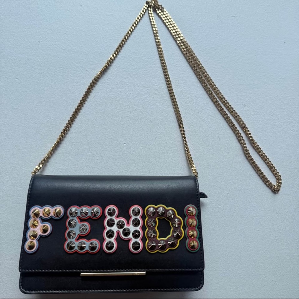 FENDI designer Studded Black Crossbody Bag with Gold Chain